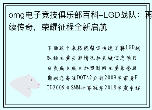 omg电子竞技俱乐部百科-LGD战队：再续传奇，荣耀征程全新启航